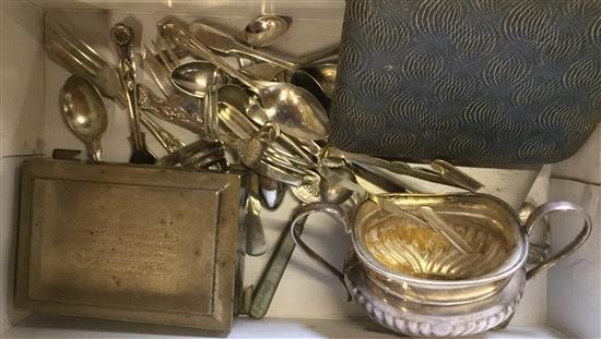 Silver cigarette box, other small spoons and other plated flatware